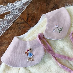 Removable linen collar Rabbit embroidery Gift idea boy Handmade for children clothing Pastel color clothes Toddler wear pink Cute girl dress image 2