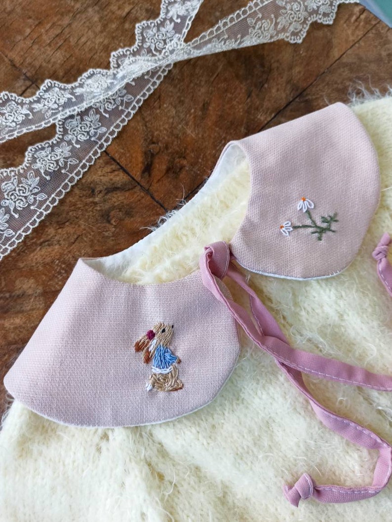 Removable linen collar Rabbit embroidery Gift idea boy Handmade for children clothing Pastel color clothes Toddler wear pink Cute girl dress image 2