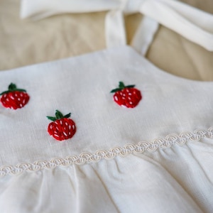 Strawberry Dress set Linen sundress with bonnet red Embroidery clothing for Toddler Victorian style baby clothes Pink gift ideas for newborn image 8