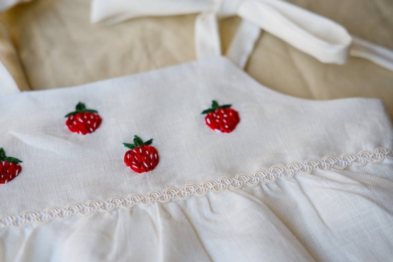Strawberry Dress set Linen sundress with bonnet red Embroidery clothing for Toddler Victorian style baby clothes Pink gift ideas for newborn image 8