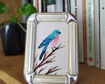 Bird Embroidery Miniature animal decor Handmade Nature lover gift ideas Cute sparrow Decorative item for shelf Needle point hoop Small size