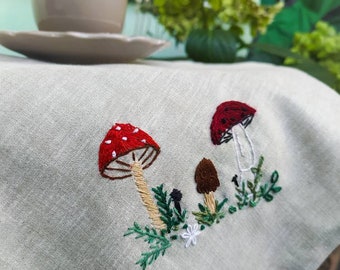 Linen embroidery napkin rustic Boho table setting Housewarming gift Vintage style decoration Nature inspired decor mushroom autumn themed