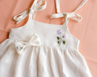 Birth flower dress Hand Embroidered linen clothes Iris Embroidery Toddler gift idea Handmade clothing 2st birthday wear White sundress