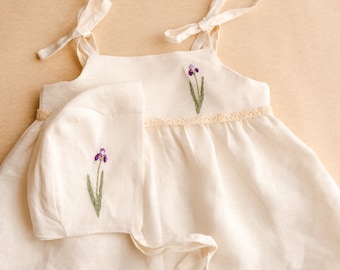 Baby dress set with bonnet Matching sundress Embroidered clothing Iris Flower Toddler clothes Girl's linen outfit First birthday wear purple