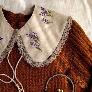 Removable linen collar Handmade embroidery clothing Large collar women Vintage dress for woman Flower design jewelry White spring clothes