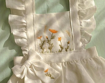 Toddler Pinafore dress Poppy Flower embroidery Handmade clothes for girl Vintage style sundress white Embroidered clothing orange floral