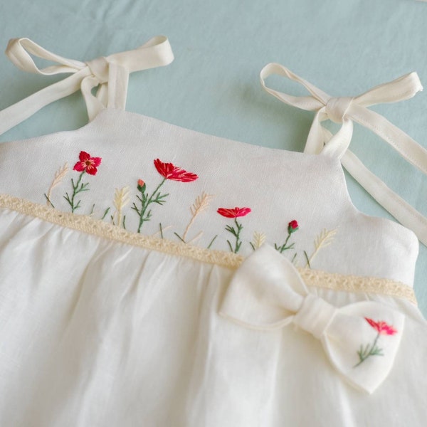 Robe en lin Vêtements brodés à la main Poppy Flower sundress Toddler vêtements blanc Beau cadeau nouveau-né pour fille Fait à la main orange