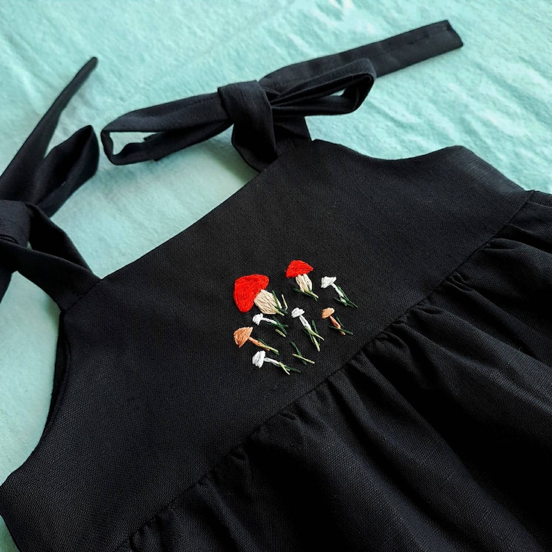 Mushroom Dress Hand embroidered clothing Newborn gift idea Black linen clothes Baby Fall birthday party outfit Autumn wear for toddler image 5