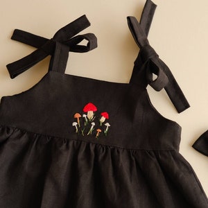 Mushroom Dress Hand embroidered clothing Newborn gift idea Black linen clothes Baby Fall birthday party outfit Autumn wear for toddler image 1