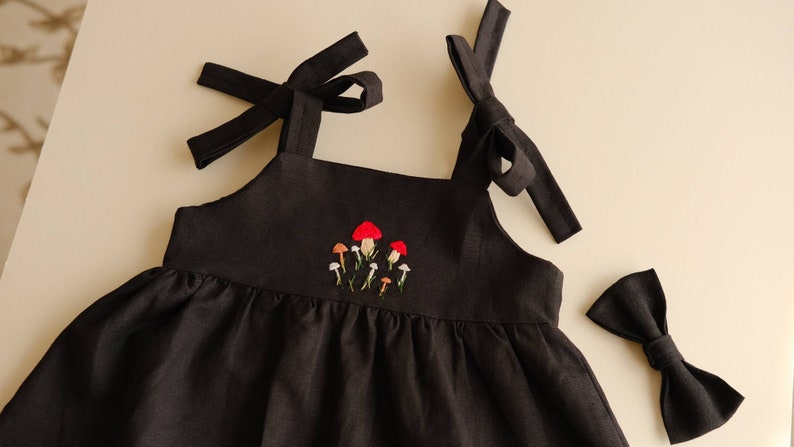 Mushroom Dress Hand embroidered clothing Newborn gift idea Black linen clothes Baby Fall birthday party outfit Autumn wear for toddler image 1