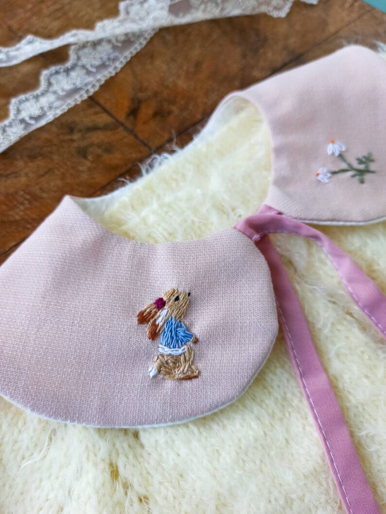 Removable linen collar Rabbit embroidery Gift idea boy Handmade for children clothing Pastel color clothes Toddler wear pink Cute girl dress image 3