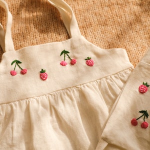 Cherry Dress set Hand Embroidery Fruit themed birthday party wear Baby girl clothes cute gift for newborn Handmade clothing Kid's bonnet