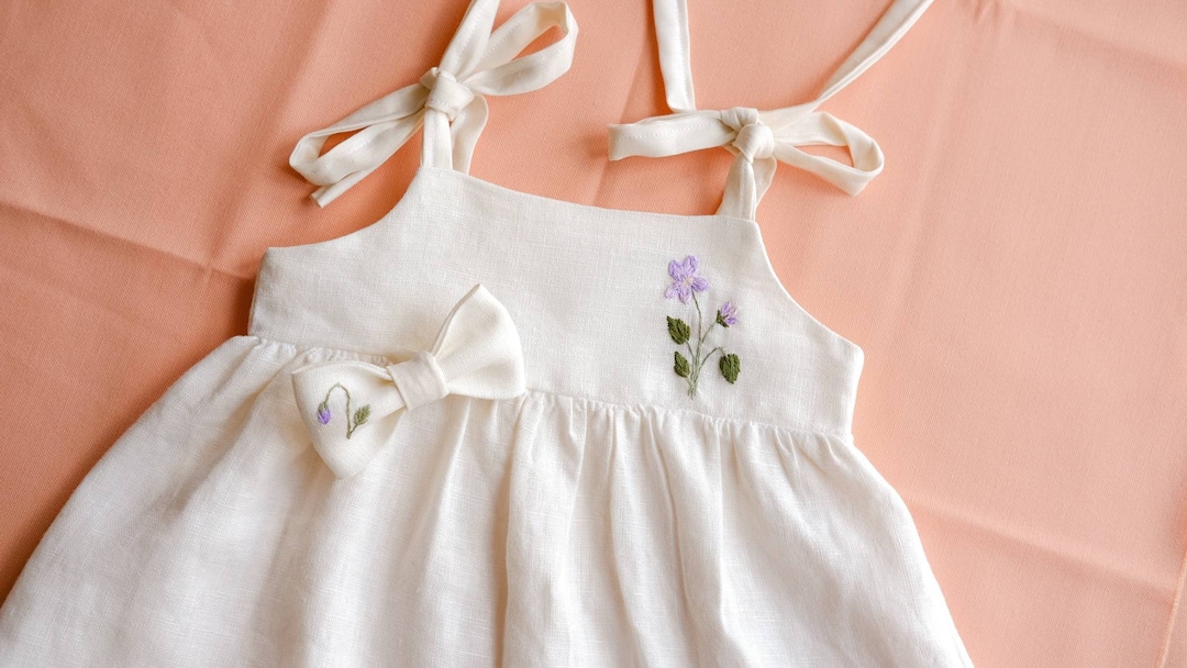 Violet Dress Linen Sundress for Baby Pink Flower Embroidered