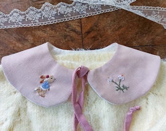 Removable linen collar Rabbit embroidery Gift idea boy Handmade for children clothing Pastel color clothes Toddler wear pink Cute girl dress