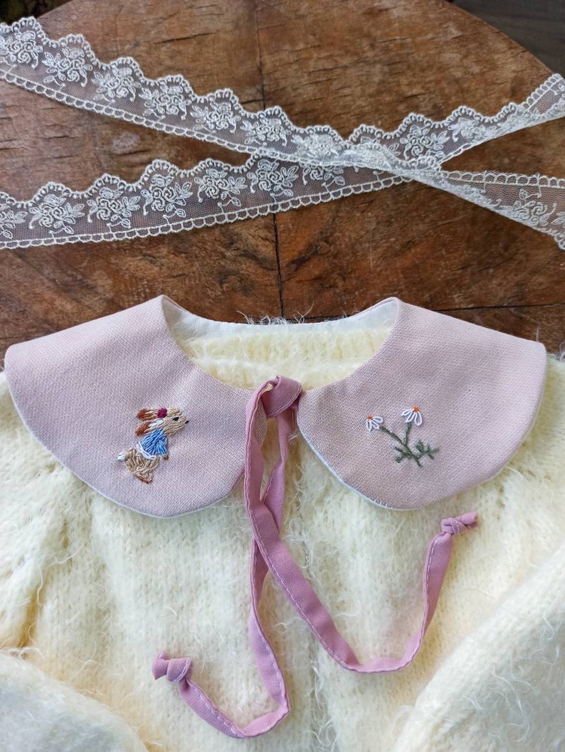 Removable linen collar Rabbit embroidery Gift idea boy Handmade for children clothing Pastel color clothes Toddler wear pink Cute girl dress Pink
