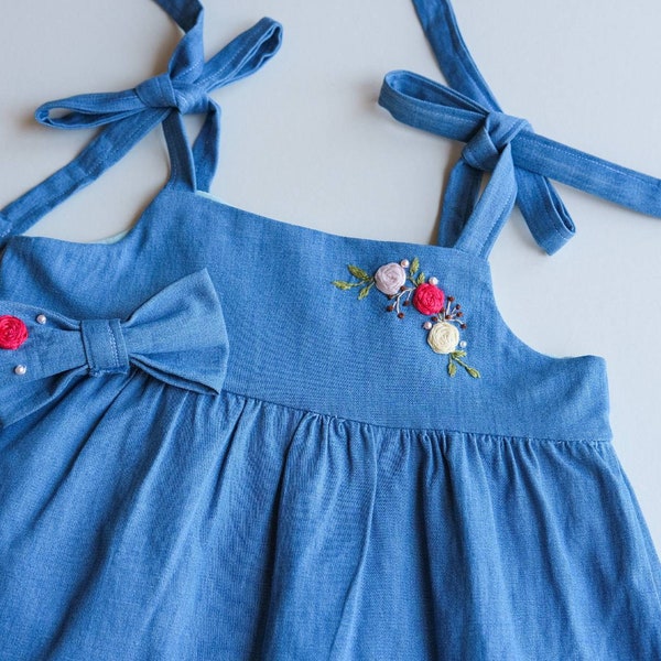 Denim dress with hair bow Rose Embroidery clothes Comfortable sundress 1st birthday wear Cute gift for baby girl Farm themed party Jean blue