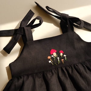 Mushroom Dress Hand embroidered clothing Newborn gift idea Black linen clothes Baby Fall birthday party outfit Autumn wear for toddler image 2