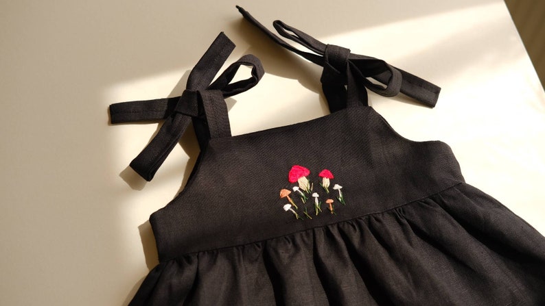 Mushroom Dress Hand embroidered clothing Newborn gift idea Black linen clothes Baby Fall birthday party outfit Autumn wear for toddler image 2