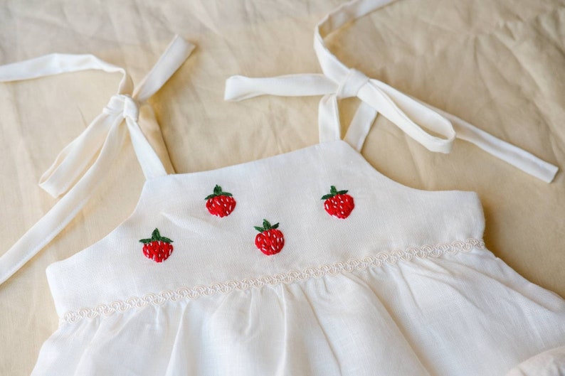 Strawberry Dress set Linen sundress with bonnet red Embroidery clothing for Toddler Victorian style baby clothes Pink gift ideas for newborn image 1