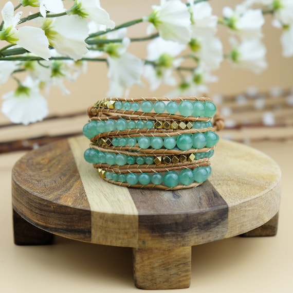 Handmade Green Aventurine Wrap Bracelet: Genuine Leather Boho