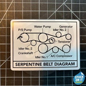 May include: Rectangular sticker featuring a serpentine belt diagram with labels for various engine components like the water pump and A/C compressor. The text "SERPENTINE BELT DIAGRAM" is prominently displayed at the bottom. The sticker has a white background with black text and diagrams.