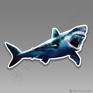 May include: A large, white great white shark with an open mouth, swimming towards the viewer. The shark is rendered in a blue and white watercolor style.