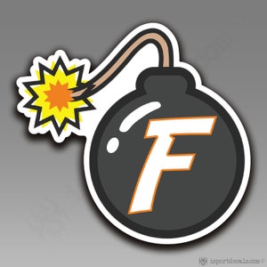 May include: A sticker featuring a cartoon bomb design. The bomb is black with a white and orange letter "F" on its surface. A lit fuse and explosion graphic are also included, with a white border.