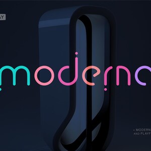 May include: A colorful font design with the word "moderna" in a modern, futuristic style. The font is outlined in pink, blue, and purple, with small dots at the beginning and end of the word.