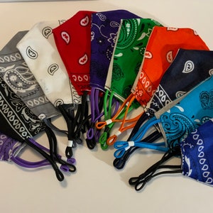 Bandana Face Masks - 2 layers - Handmade - Multiple Colors, Adjustable Ear Loops - 100% Cotton