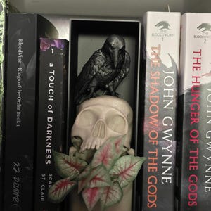 May include: A decorative shelf display featuring a raven perched atop a skull, with a floral accent. The display is set between several fantasy novels with black spines and white text. The books include titles like "The Shadow of the Gods" and "A Touch of Darkness."