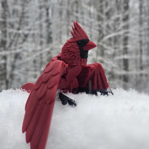 May include: A red cardinal figurine with black eyes and a black beak perched on a bed of white snow. The cardinal's wings are spread out, and the background is a blurry image of a snowy forest.