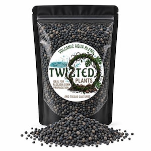 May include: A black resealable pouch filled with small, dark gray and black volcanic rock granules. The label reads Volcanic Aqua Blend, Twisted Plants, and Ideal for Alocasia Corm Propagation and Tissue Cultures, featuring a vine illustration.