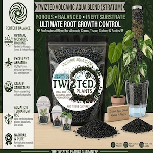 Könnte beinhalten: Ein schwarzer, heißversiegelter Beutel mit Twizted Volcanic Aqua Blend Substrat aus dunklen Vulkangranulaten. Das Etikett zeigt den Text Twizted Plants, Volcanic Aqua Blend und Ultimate Root Growth Control sowie kleine durchsichtige Behälter mit Pflanzen.