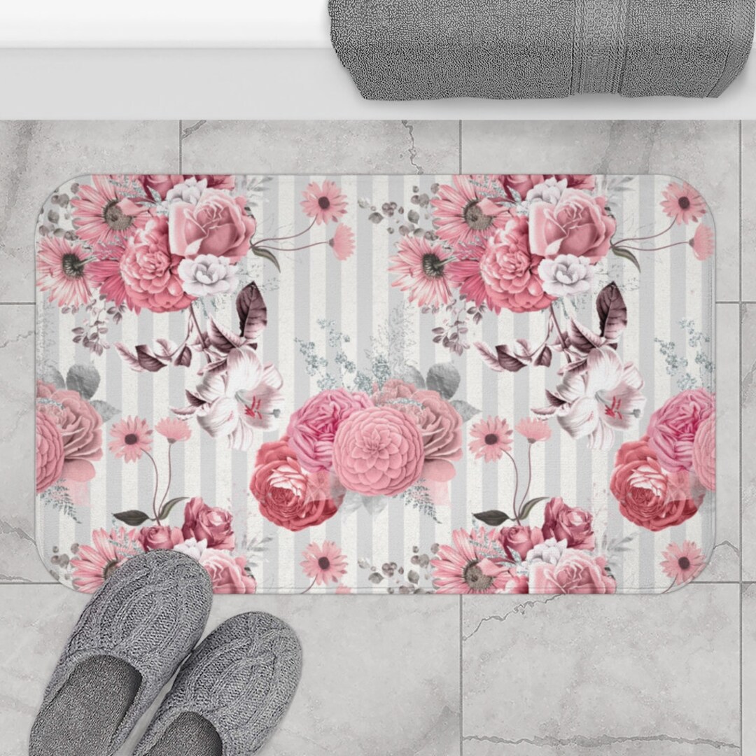 Grey and White Striped With Pink Floral Bath Mat, Modern Bathroom Décor
