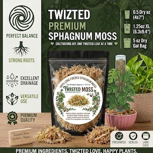 Puede incluir: Una bolsa de plástico transparente de musgo esfagno Twizted Premium con una etiqueta circular que muestra el texto Twizted Moss. El paquete indica opciones de peso de 0,5 oz, 1,25 oz XL y 5 oz, junto con iconos de raíces y drenaje.