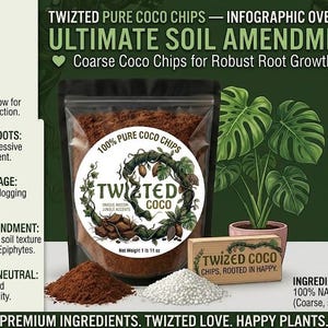 May include: A bag of Twizted Pure Coco Chips soil amendment with a circular label featuring vine illustrations. The infographic displays product benefits, size options from 0.25 oz to 1 lb 11 oz, and a pile of coco chips next to white perlite.