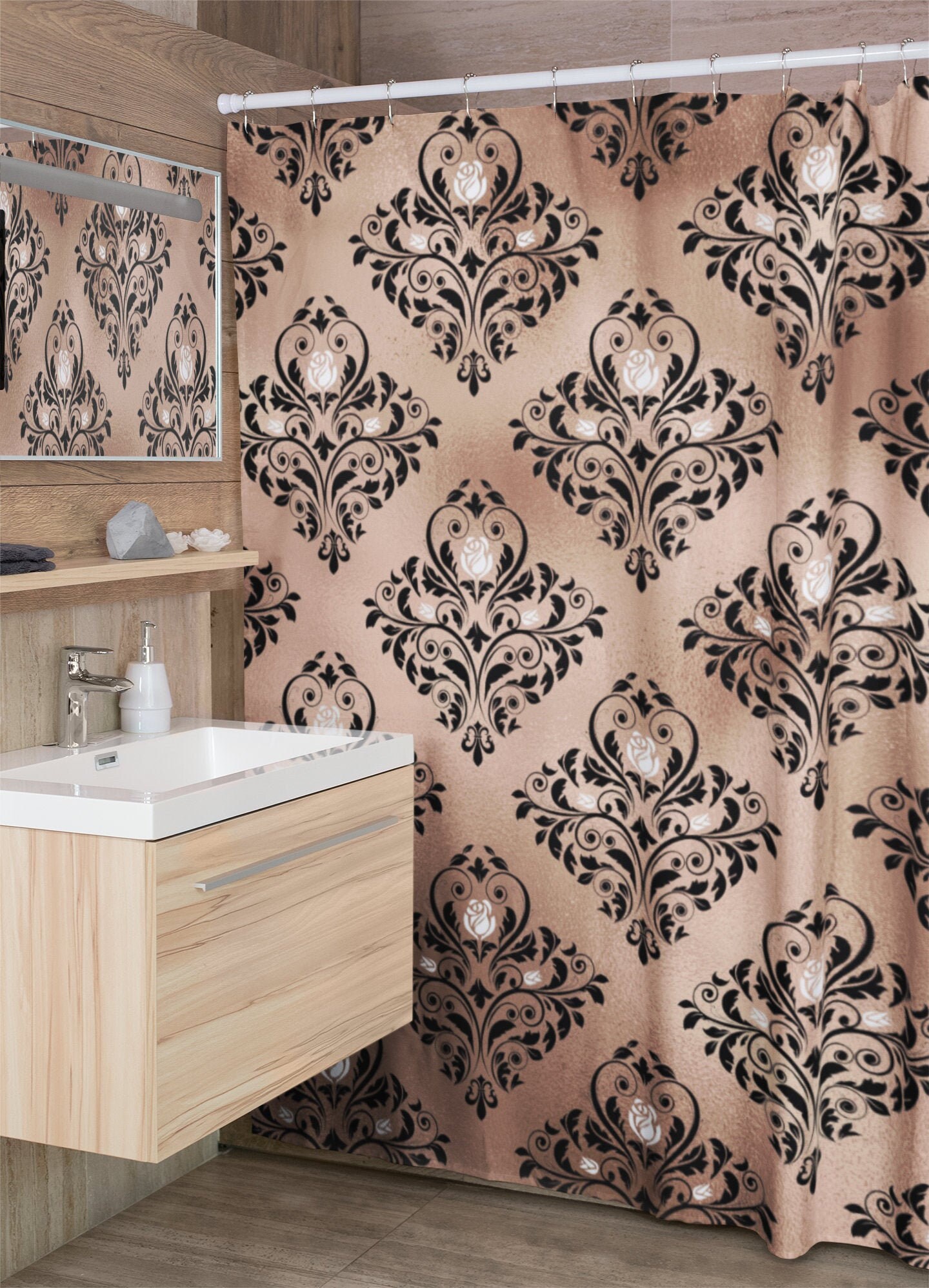 Rose Gold Gothic Floral Shower Curtain, Bath Sets, Bathroom Decor