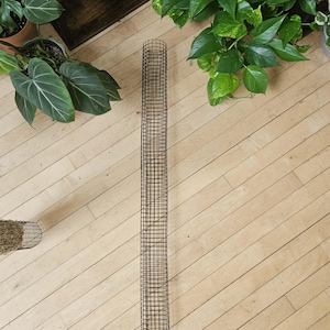 May include: A tall, cylindrical plant support structure made of thin, dark-colored metal wire mesh. The object features a repeating grid pattern throughout its length, forming a hollow, open-ended tube designed for vertical plant growth support.