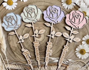 Rose maîtresse, ATSEM, nounou, maître, mamie, maman... rose personnalisée en bois, cadeau