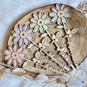 Peut inclure: Décorations en forme de fleurs en bois avec des pétales aux couleurs pastel et des cœurs au centre. Chaque fleur a une tige avec une étiquette nominative. Noms : Lou, Emie, Malo, Noah, etc. Les fleurs sont disposées sur une tranche de bois.
