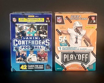 May include: Two Panini football trading card boxes. The left box is blue with the text Panini Contenders Football 2021 and 42 cards per box. The right box is orange and white with the text 2021 NFL Trading Cards, 56 cards, and 1 autograph or memorabilia card.