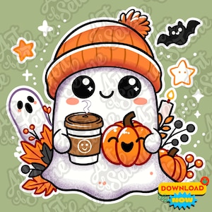 Pumpkin Spice Boo - Cute Halloween Ghost with Coffee and Pumpkin PNG | Cozy Fall Digital Download for Crafts & Apparel