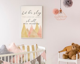 Baby Girl Nursery Wall Art/"Let Her Sleep" Wall Print/Watercolor Mountains/DIGITAL FILE