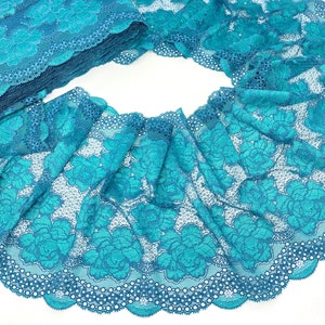 Extra Soft Elastic Lace Trim with 3D Turquoise Rose on Navy Netting, 22.5cm (8.85") wide, 1 yard
