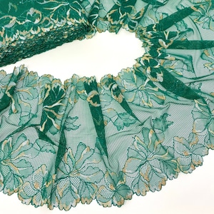 Elastic Emerald Green Lace Trim with Gold Silver Embroidery by the yard 22.5cm (9") wide, 1 yard