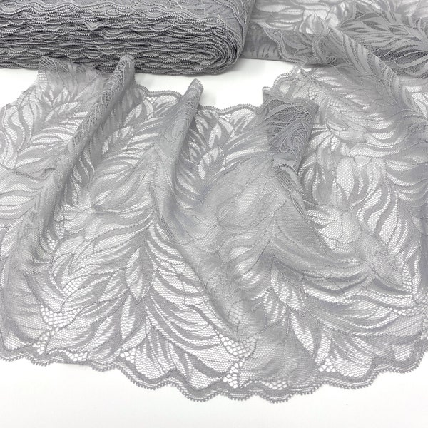 Soft Gray Stretchy Elastic Lace Trim by the yard with leafy design 22.5cm (9") wide, 1 yard