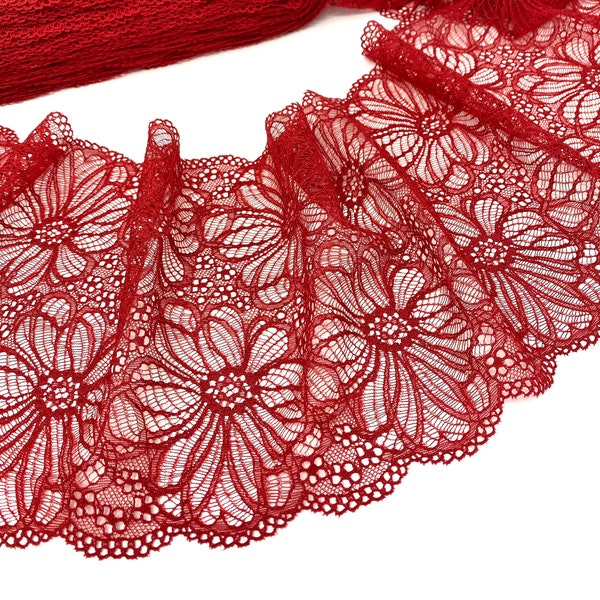 Soft Red Stretchy Elastic Lace Trim by the yard with floral design 18.5cm (7.3") wide, 1 yard