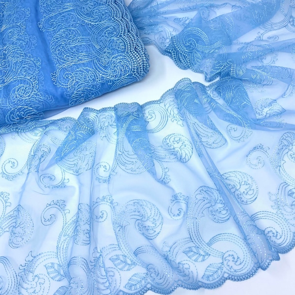 Light Baby Blue Tulle Mesh Embroidery Lace Trim, Non-Elastic, 25.5cm (10") wide, 1 yard