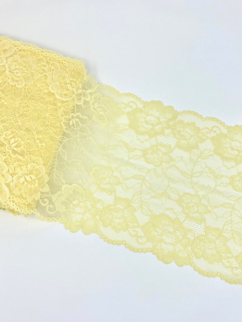 wide Pastel Yellow Beige Creme Golden Color Soft Extra Stretchy Floral Lace Trim by the yard 21.5cm 1 yard 8.4