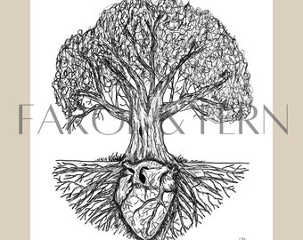 ROOTS - Tree Sketch, Art Print, Pen Sketch, Inspirational Art , Tree Drawing, Tree of Life, Ink Sketch, Anatomical Heart